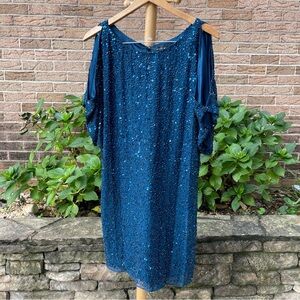 AIDAN MATTOX BEADED SEQUIN BEADED SILK Drape Cold Shoulder Party Dress Size 8